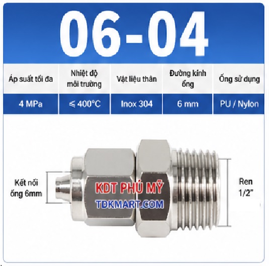 Nối thẳng inox 304 có 1 đầu siết ống 6 và 1 đầu ren ngoài 1/2