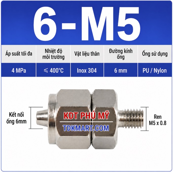 Nối thẳng inox 304 có 1 đầu siết ống 6 và 1 đầu ren ngoài M5