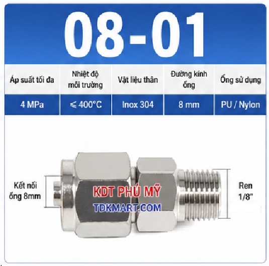 Nối thẳng inox 304 có 1 đầu siết ống 8 và 1 đầu ren ngoài 1/8