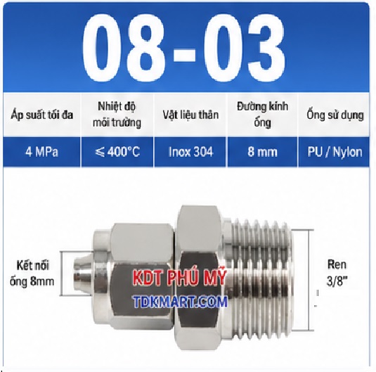 Nối thẳng inox 304 có 1 đầu siết ống 8 và 1 đầu ren ngoài 3/8