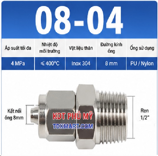 Nối thẳng inox 304 có 1 đầu siết ống 8 và 1 đầu ren ngoài 1/2