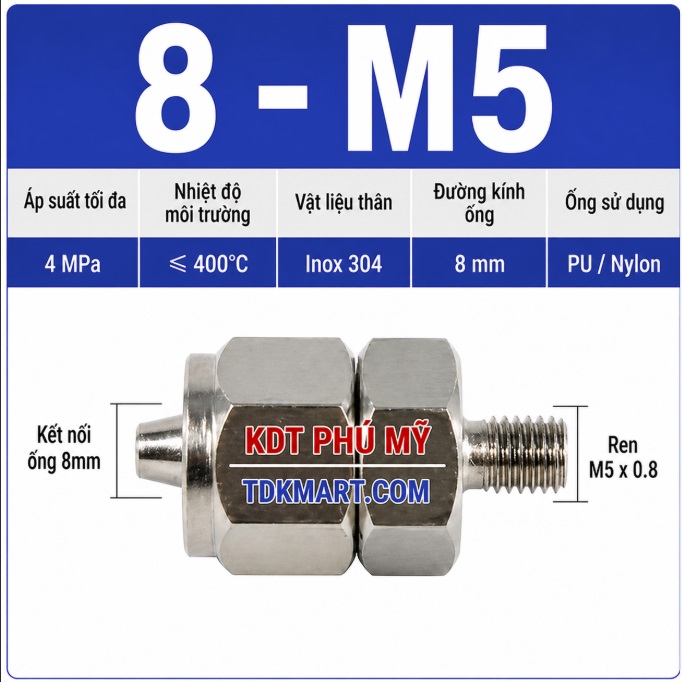 Nối thẳng inox 304 có 1 đầu siết ống 8 và 1 đầu ren ngoài M5