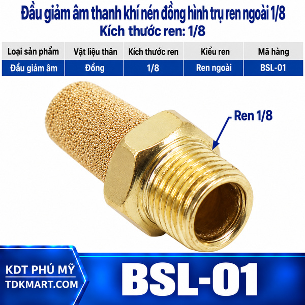 Đầu giảm âm thanh khí nén đồng hình trụ ren ngoài 1/8