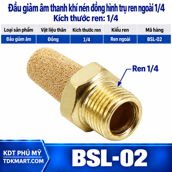 Đầu giảm âm thanh khí nén đồng hình trụ ren ngoài 1/4