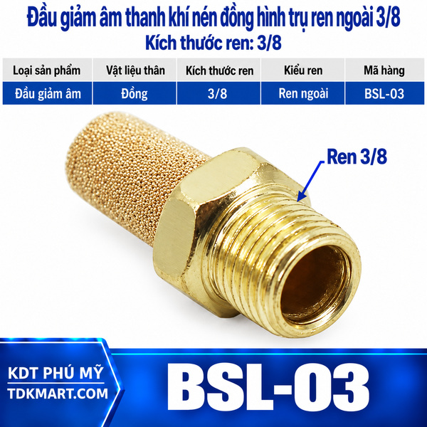 Đầu giảm âm thanh khí nén đồng hình trụ ren ngoài 3/8