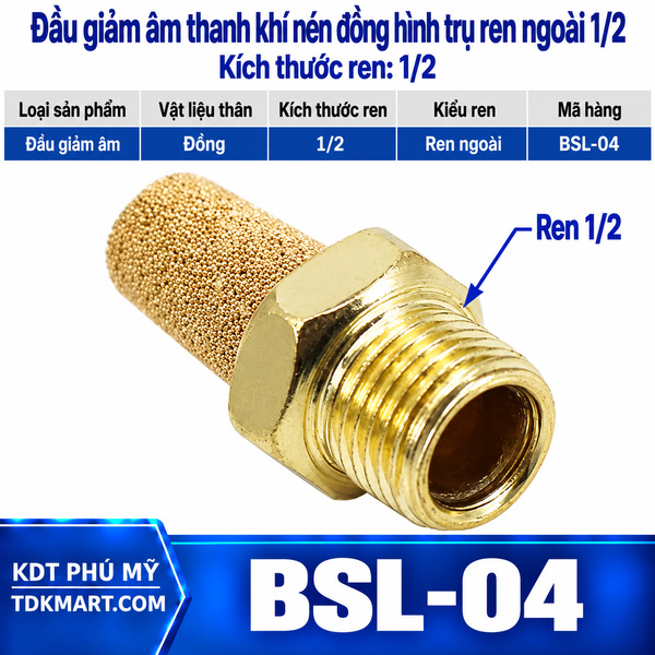 Đầu giảm âm thanh khí nén đồng hình trụ ren ngoài 1/2