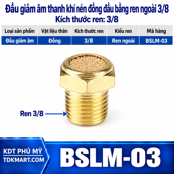 Đầu giảm âm thanh khí nén đồng đầu bằng ren ngoài 3/8