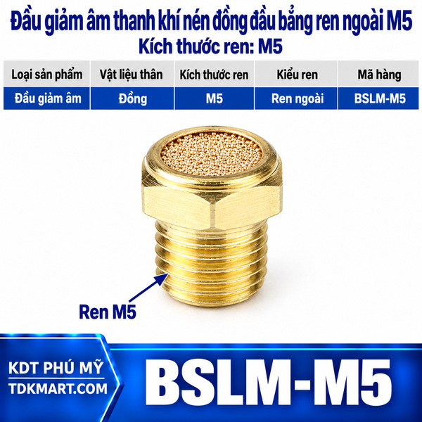 Đầu giảm âm thanh khí nén đồng đầu bằng ren ngoài M5