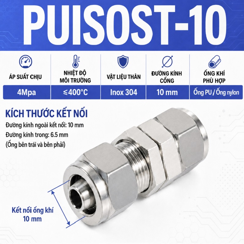 Đầu nối Inox 304 có  2 đầu siết ống 10 và siết thành