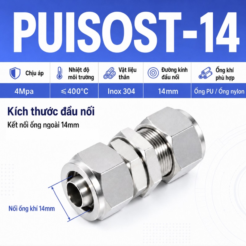 Đầu nối Inox 304 có  2 đầu siết ống 14 và siết thành