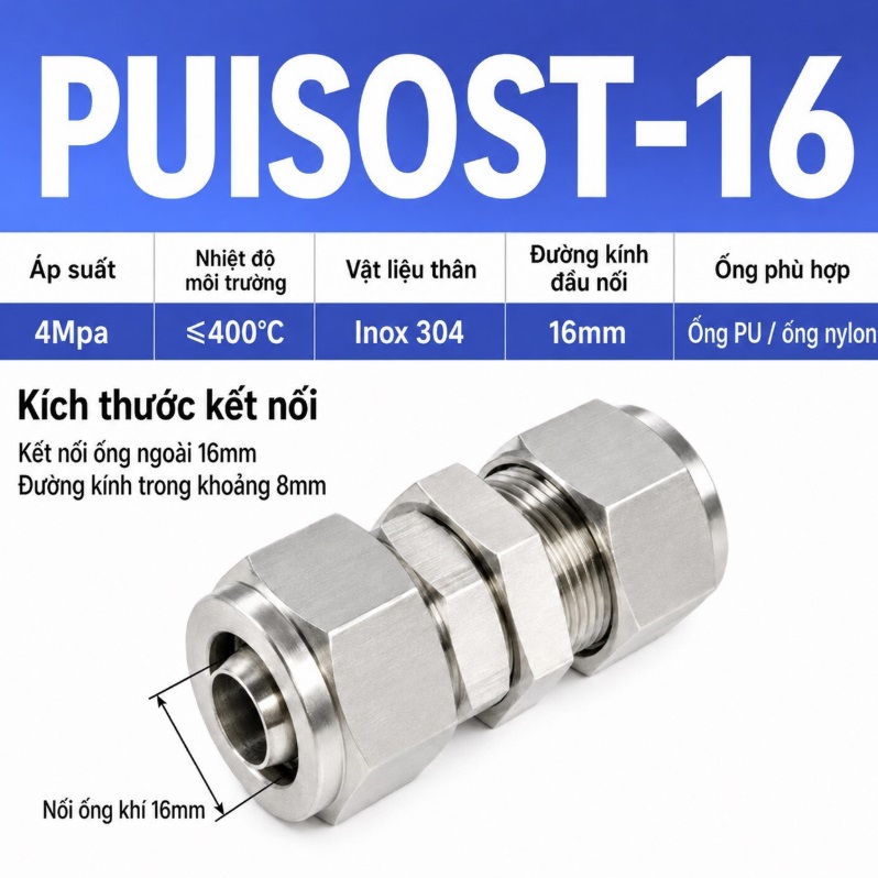Đầu nối Inox 304 có  2 đầu siết ống 16 và siết thành