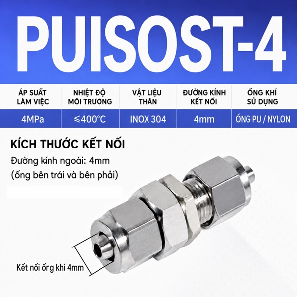 Đầu nối Inox 304 có  2 đầu siết ống 4 và siết thành