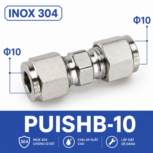Đầu nối thẳng inox 304 hai đầu siết hạt bắp ống 10 mm