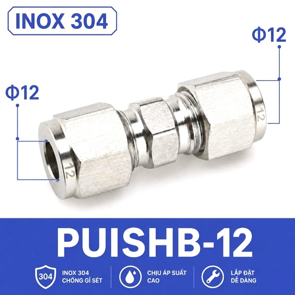 Đầu nối thẳng inox 304 hai đầu siết hạt bắp ống 12 mm