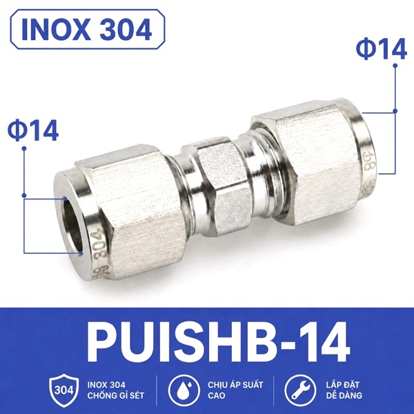 Đầu nối thẳng inox 304 hai đầu siết hạt bắp ống 14 mm
