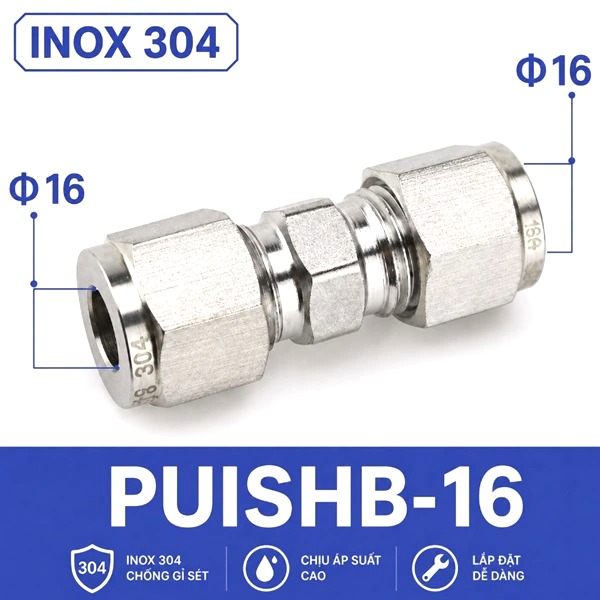 Đầu nối thẳng inox 304 hai đầu siết hạt bắp ống 16 mm