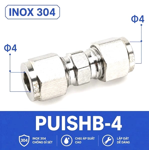 Đầu nối thẳng inox 304 hai đầu siết hạt bắp ống 4 mm