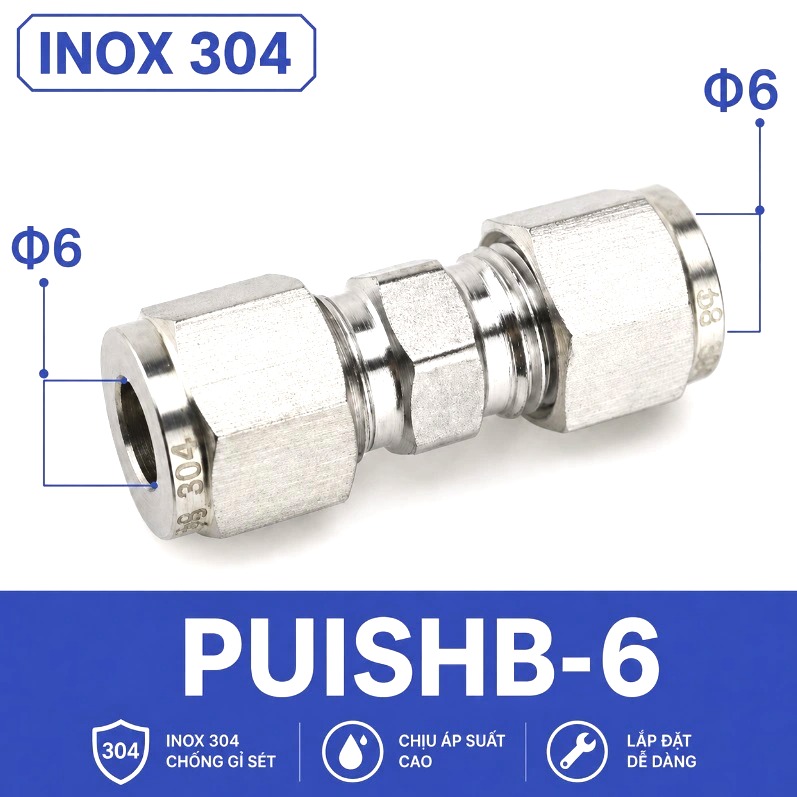 Đầu nối thẳng inox 304 hai đầu siết hạt bắp ống 6 mm