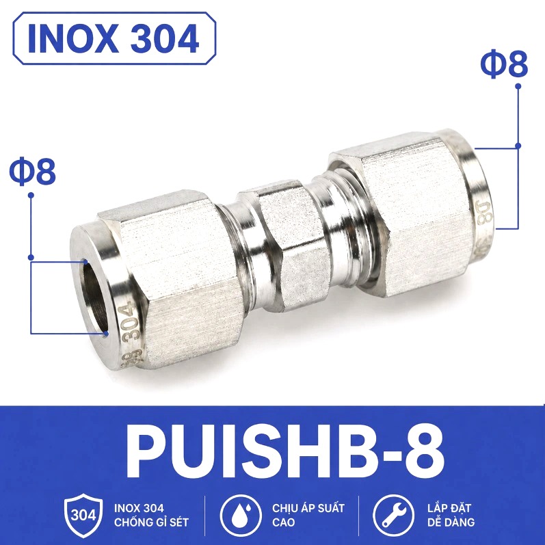Đầu nối thẳng inox 304 hai đầu siết hạt bắp ống 8 mm