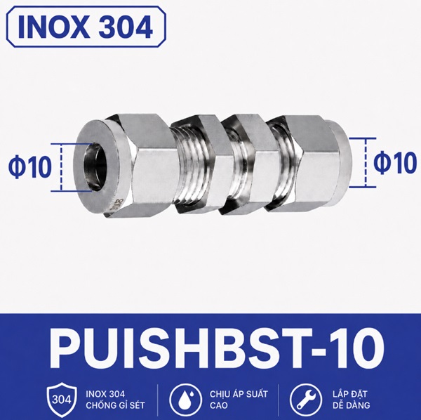 Đầu nối xuyên vách inox 304 hai đầu siết hạt bắp ống 10 mm