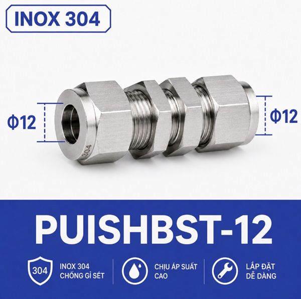 Đầu nối xuyên vách inox 304 hai đầu siết hạt bắp ống 12 mm