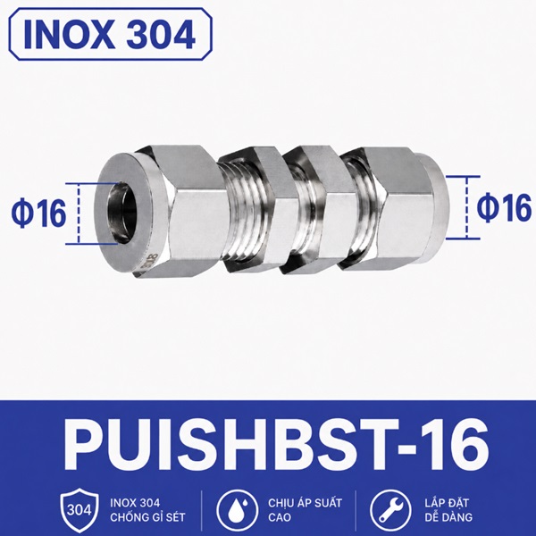 Đầu nối xuyên vách inox 304 hai đầu siết hạt bắp ống 16 mm