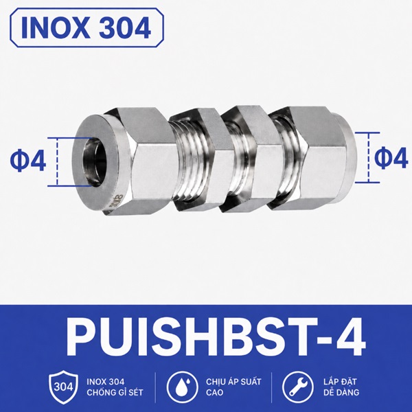 Đầu nối xuyên vách inox 304 hai đầu siết hạt bắp ống 4 mm