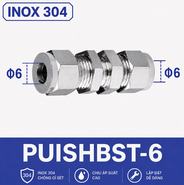 Đầu nối xuyên vách inox 304 hai đầu siết hạt bắp ống 6 mm