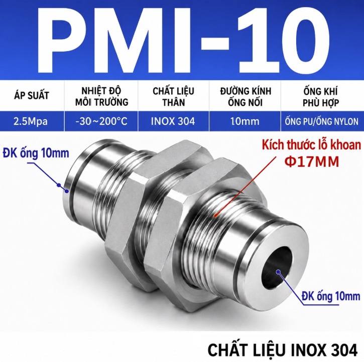 Đầu nối nhanh khí nén Inox 304 thẳng 2 đầu ghim ống 10 mm và có ốc siết thành xuyên vách