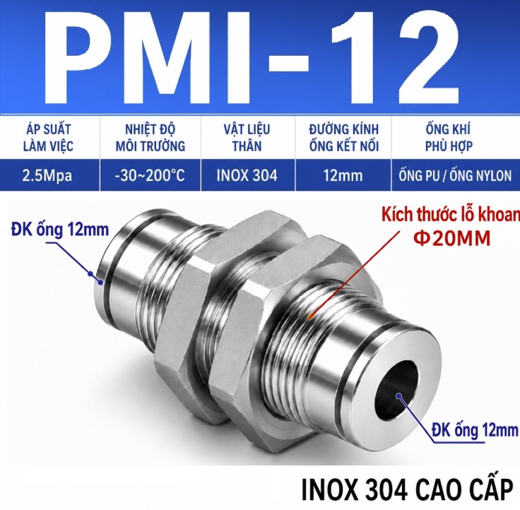 Đầu nối nhanh khí nén Inox 304 thẳng 2 đầu ghim ống 12 mm và có ốc siết thành xuyên vách