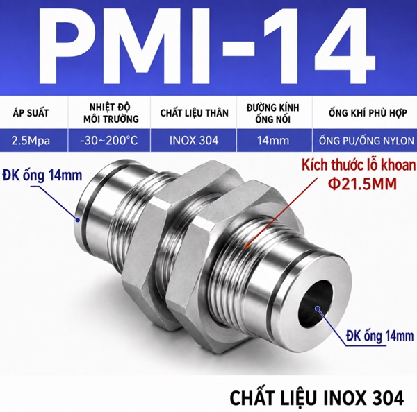 Đầu nối nhanh khí nén Inox 304 thẳng 2 đầu ghim ống 14 mm và có ốc siết thành xuyên vách