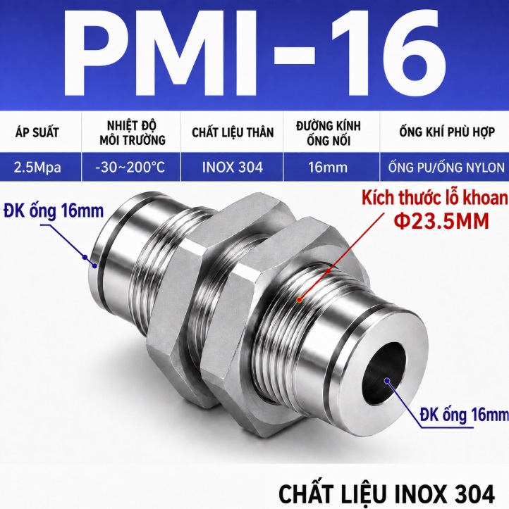 Đầu nối nhanh khí nén Inox 304 thẳng 2 đầu ghim ống 16 mm và có ốc siết thành xuyên vách