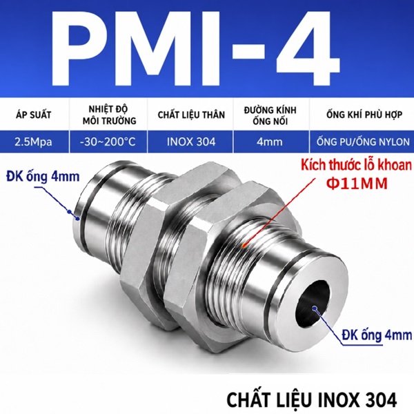 Đầu nối nhanh khí nén Inox 304 thẳng 2 đầu ghim ống 4 mm và có ốc siết thành xuyên vách