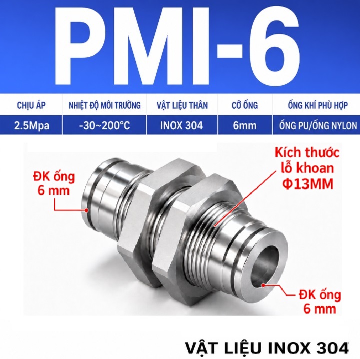 Đầu nối nhanh khí nén Inox 304 thẳng 2 đầu ghim ống 6 mm và có ốc siết thành xuyên vách
