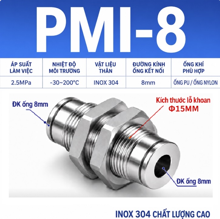 Đầu nối nhanh khí nén Inox 304 thẳng 2 đầu ghim ống 8 mm và có ốc siết thành xuyên vách
