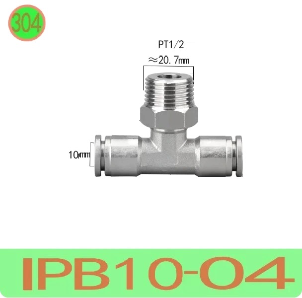 T nối nhanh Inox ống 10 - Ren ngoài 1/2 =21mm  Model: IPB10-04  Vật liệu: Inox 304