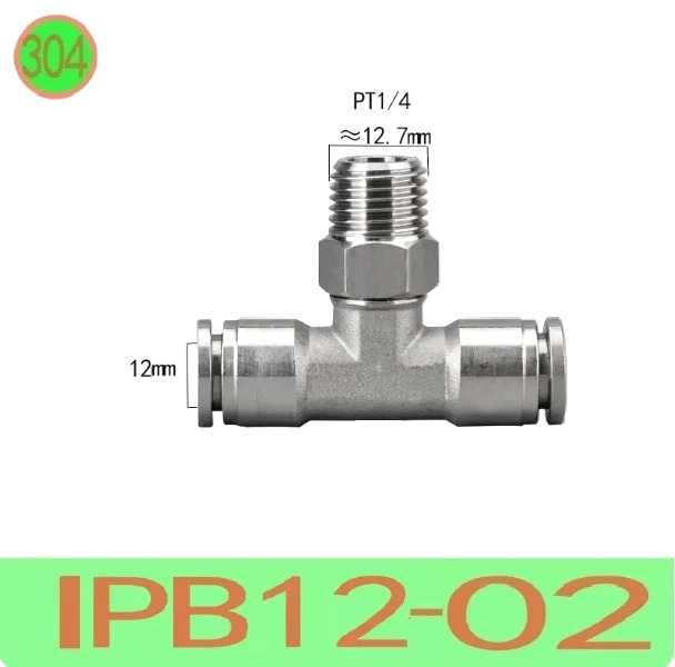 T nối nhanh Inox ống 12 - Ren ngoài 1/4 =12.7mm  Model: IPB12-02  Vật liệu: Inox 304