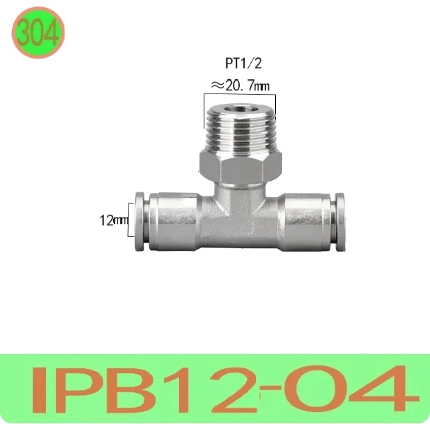 T nối nhanh Inox ống 12 - Ren ngoài 1/2 =21mm  Model: IPB12-04  Vật liệu: Inox 304