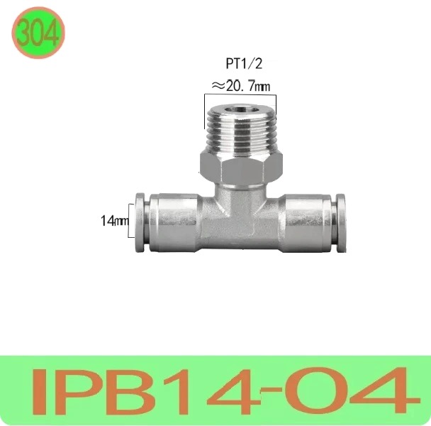T nối nhanh Inox ống 14 - Ren ngoài 1/2 =21mm  Model: IPB14-04  Vật liệu: Inox 304