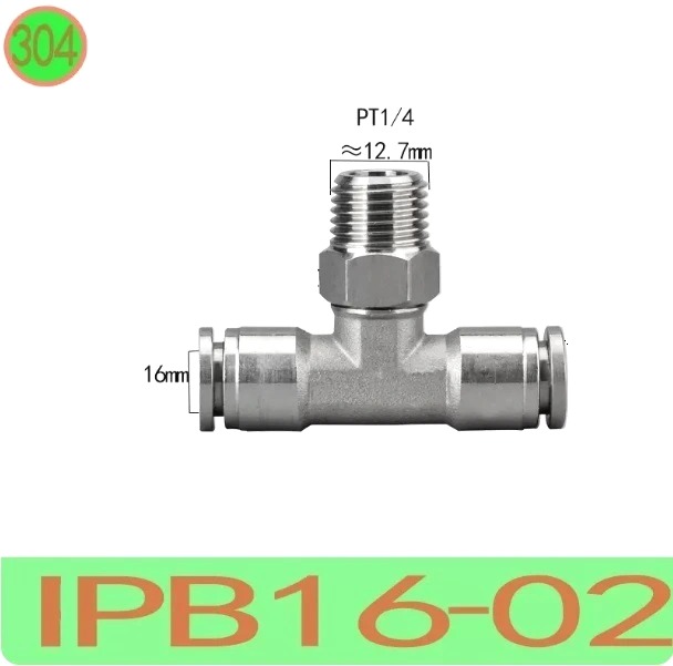 T nối nhanh Inox ống 16 - Ren ngoài 1/4 =12.7mm  Model: IPB16-02  Vật liệu: Inox 304