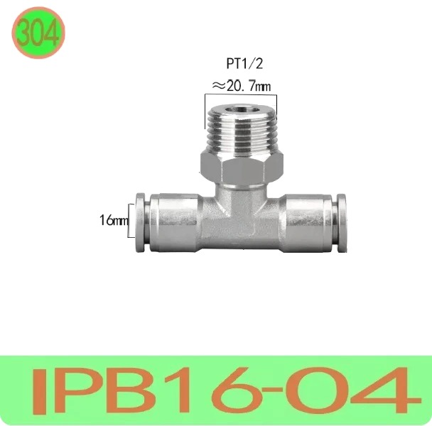 T nối nhanh Inox ống 16 - Ren ngoài 1/2 =21mm  Model: IPB16-04  Vật liệu: Inox 304