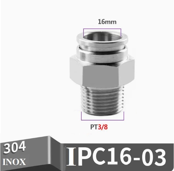 Đầu nối nhanh Inox thẳng ống 16 - Ren ngoài 3/8 =16.7mm