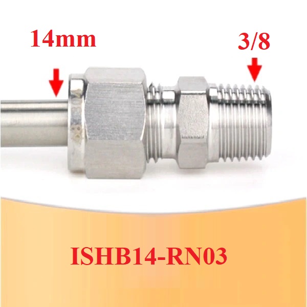 Nối thẳng inox 1 đầu siết hạt bắp ống 14 và 1 đầu ren ngoài 3/8
