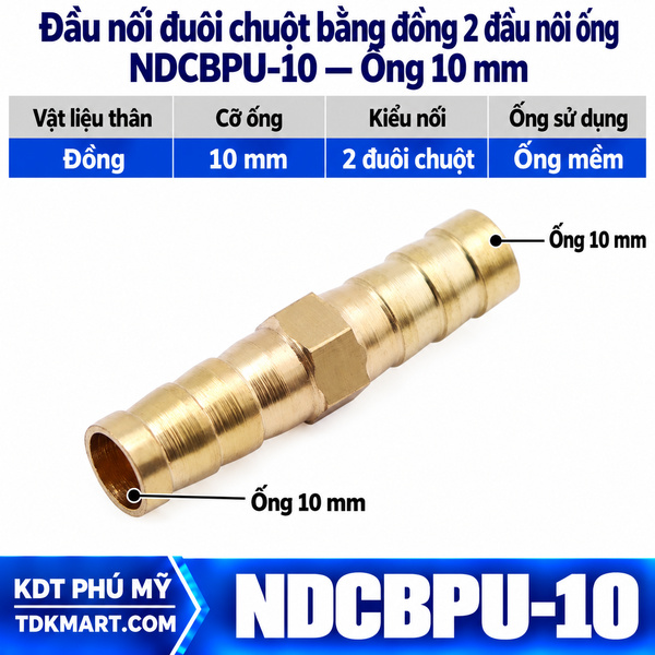 Đầu nối đuôi chuột bằng đồng 2 đầu siết cổ dê ống 10 mm