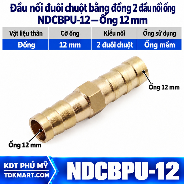 Đầu nối đuôi chuột bằng đồng 2 đầu siết cổ dê ống 12 mm