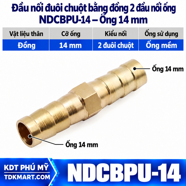 Đầu nối đuôi chuột bằng đồng 2 đầu siết cổ dê ống 14 mm