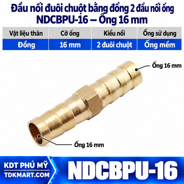Đầu nối đuôi chuột bằng đồng 2 đầu siết cổ dê ống 16 mm