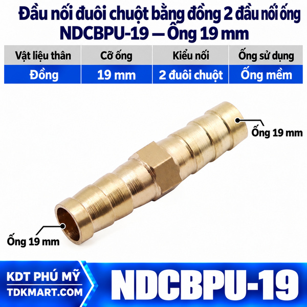 Đầu nối đuôi chuột bằng đồng 2 đầu siết cổ dê ống 19 mm