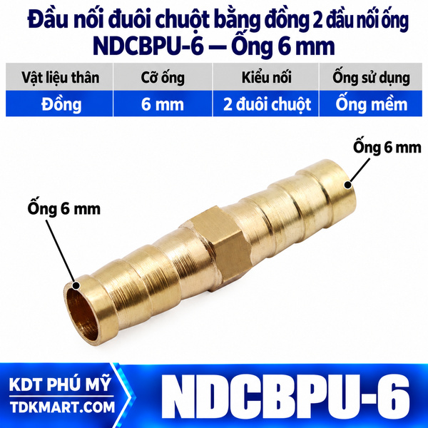 Đầu nối đuôi chuột bằng đồng 2 đầu siết cổ dê ống 6 mm