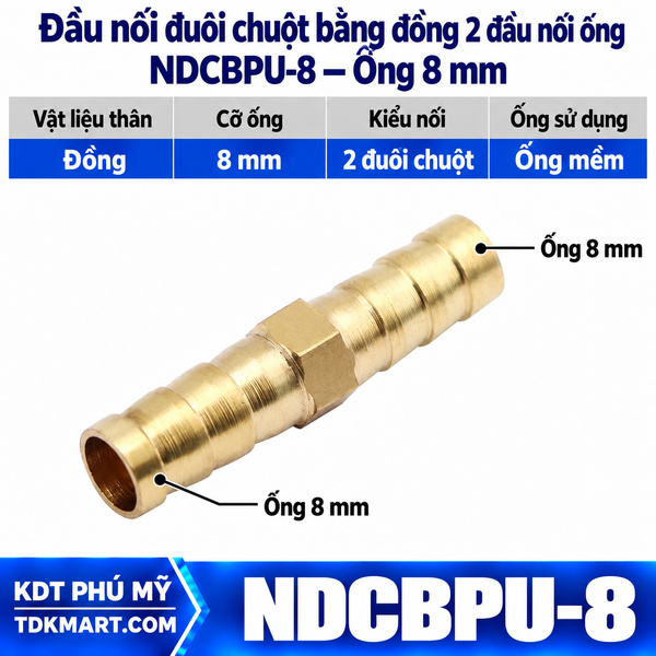 Đầu nối đuôi chuột bằng đồng 2 đầu siết cổ dê ống 8 mm